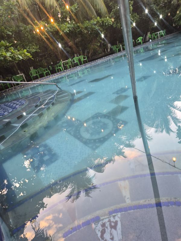 Poolside deck with palm-frond shade structure and blue water