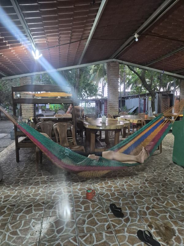Covered dining area with wooden tables and a hammock under a metal roof
